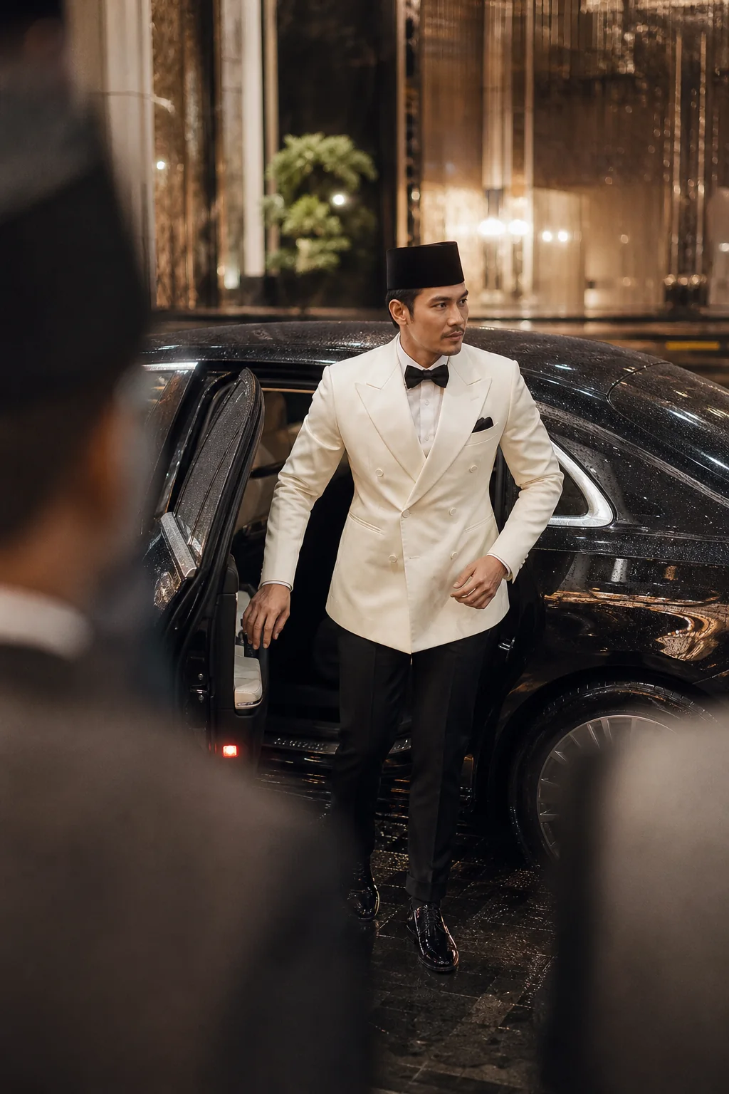 Tiba tanpa mengumumkan diri — Jaket malam gading · sutera hitam