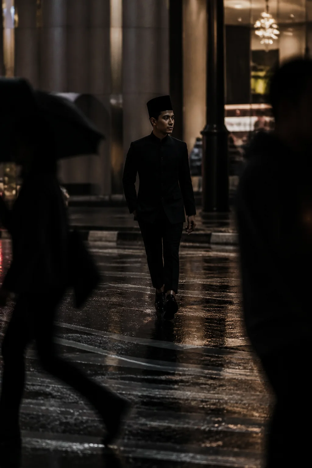 Tenang di tengah kota — Sut berkolar tegak · serba hitam