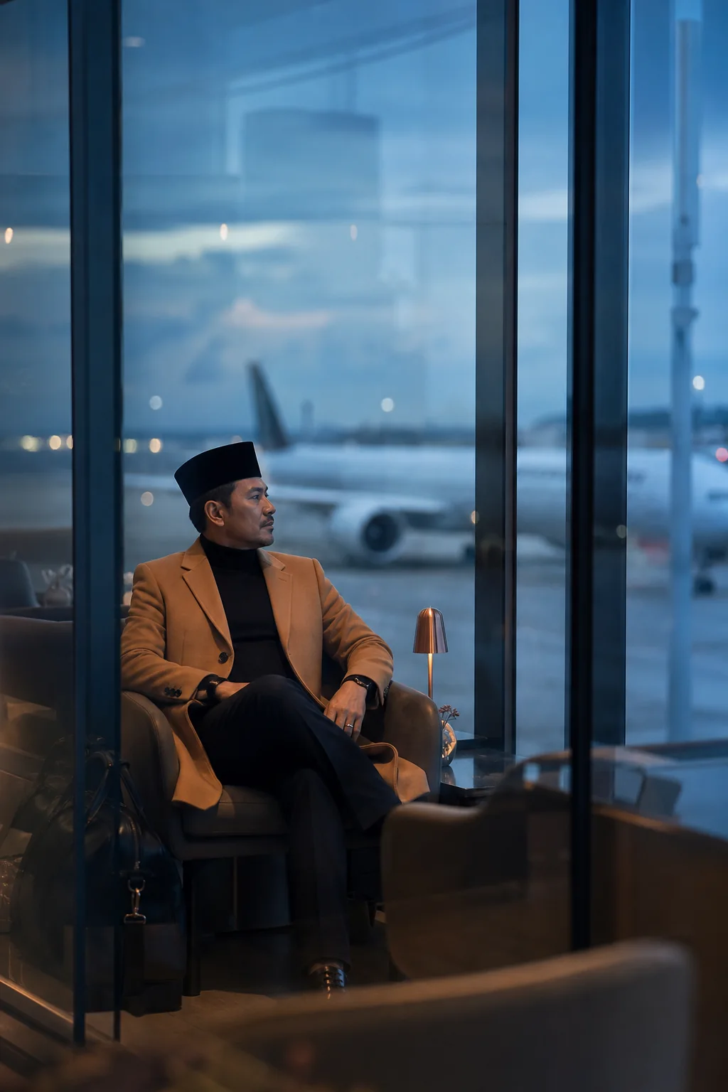 Perjalanan dengan tujuan — Kot kasmir warna tanah · baju leher tinggi hitam
