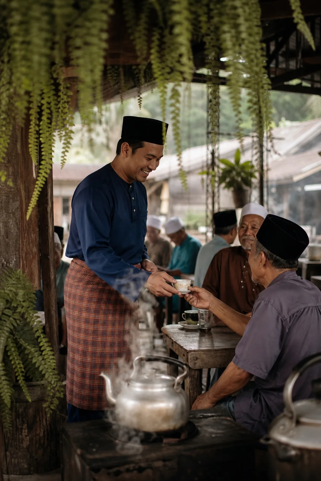 Pagi yang dikenal — Baju Melayu Teluk Belanga nila · kain pelikat warna tanah