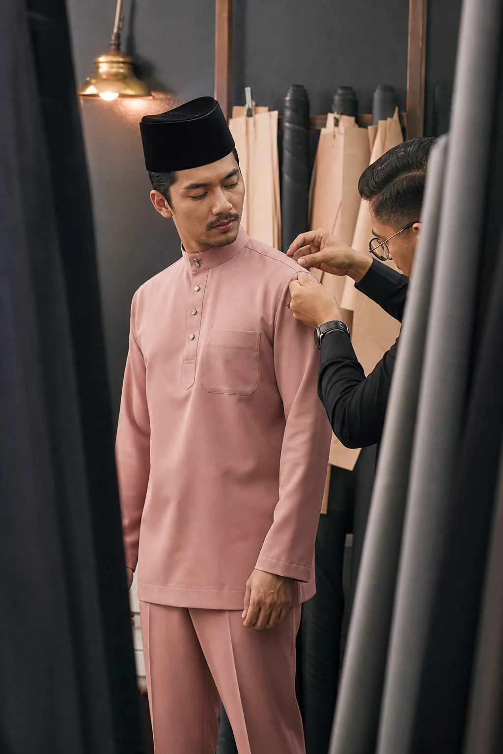 Dibuat menurut ukuran — Baju Melayu mawar kelabu · potongan tempahan