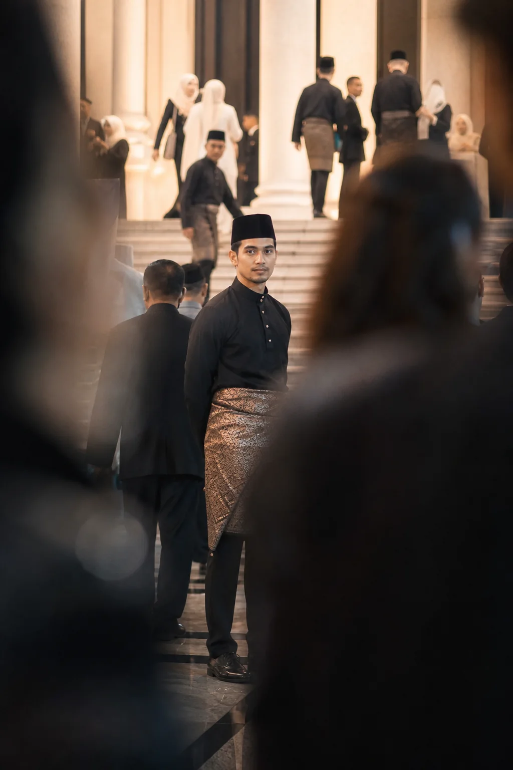 Dikenali tanpa diperkenalkan — Baju Melayu hitam berstruktur · songket ros keemasan